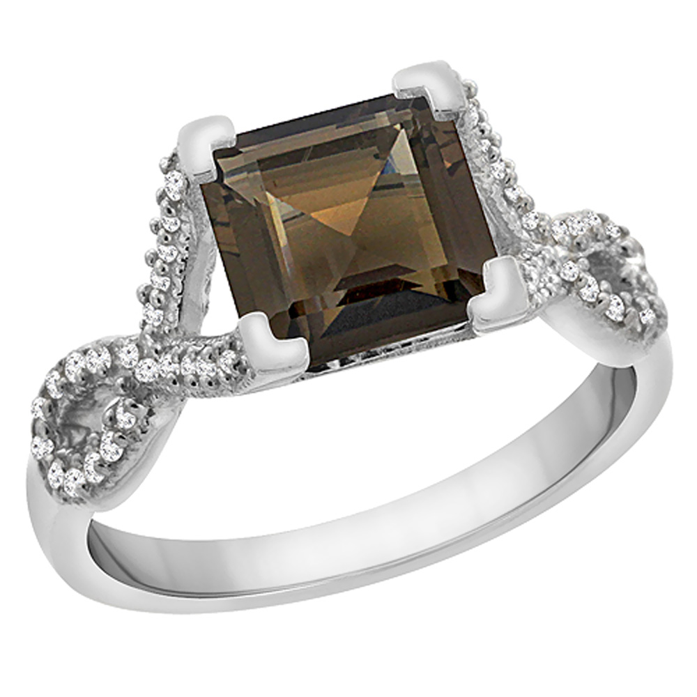 14K White Gold Natural Smoky Topaz Ring Square 7x7 mm Diamond Accents, sizes 5 to 10