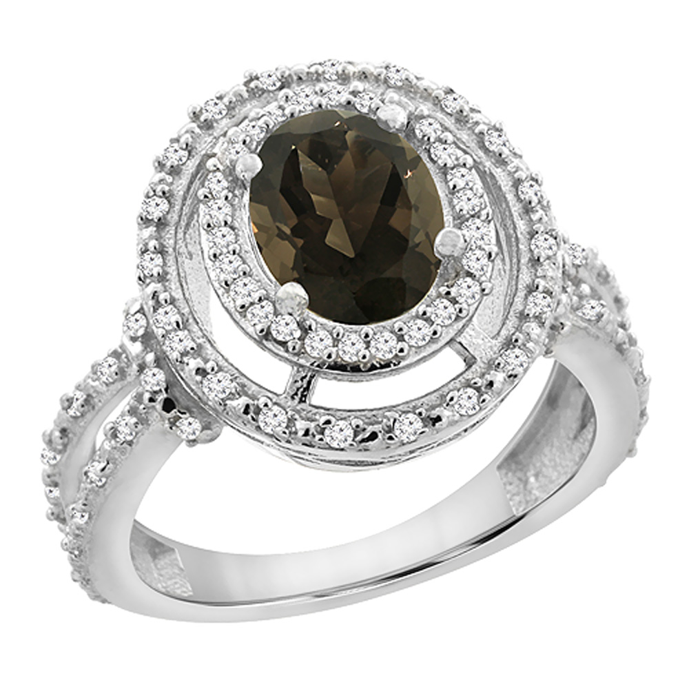 14K White Gold Natural Smoky Topaz Ring Oval 8x6 mm Double Halo Diamond, sizes 5 - 10