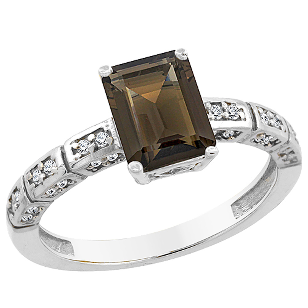 14K White Gold Natural Smoky Topaz Octagon 8x6 mm with Diamond Accents, sizes 5 - 10