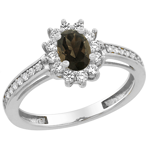 14K White Gold Natural Smoky Topaz Flower Halo Ring Oval 6x4mm Diamond Accents, sizes 5 - 10