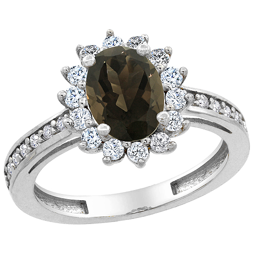 14K White Gold Natural Smoky Topaz Floral Halo Ring Oval 8x6mm Diamond Accents, sizes 5 - 10