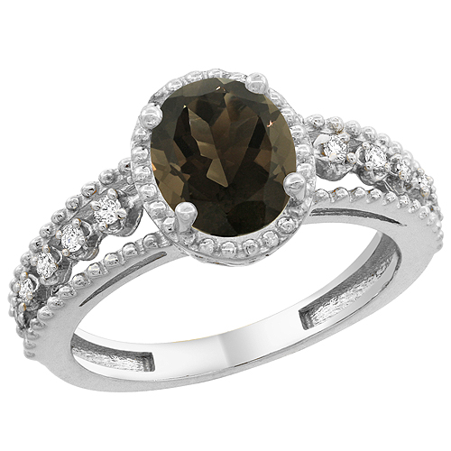 14K White Gold Natural Smoky Topaz Ring Oval 9x7 mm Floating Diamond Accents, sizes 5 - 10