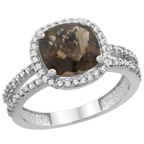 14K White Gold Natural Smoky Topaz Ring Cushion-cut 8x8 mm 2-row Diamond Accents, sizes 5 - 10