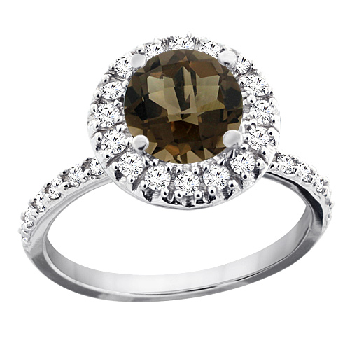 14K White Gold Natural Smoky Topaz Ring Round 8mm Floating Halo Diamond, sizes 5 - 10