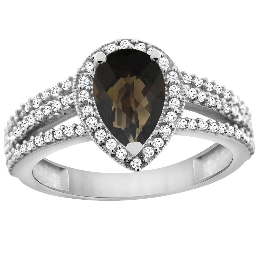 14K White Gold Natural Smoky Topaz Ring 9x7 Pear Halo Diamond, sizes 5 - 10
