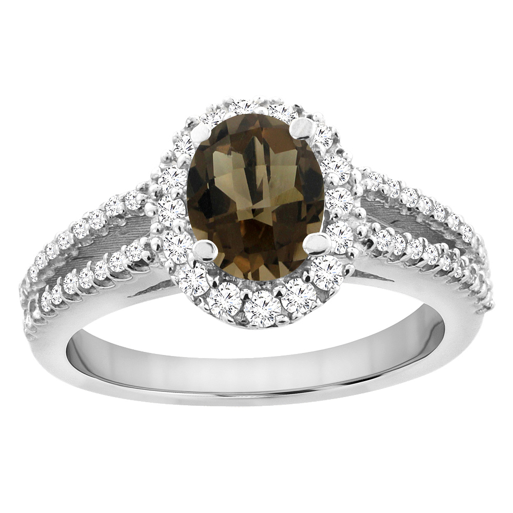 14K White Gold Natural Smoky Topaz Split Shank Halo Engagement Ring Oval 7x5 mm, sizes 5 - 10