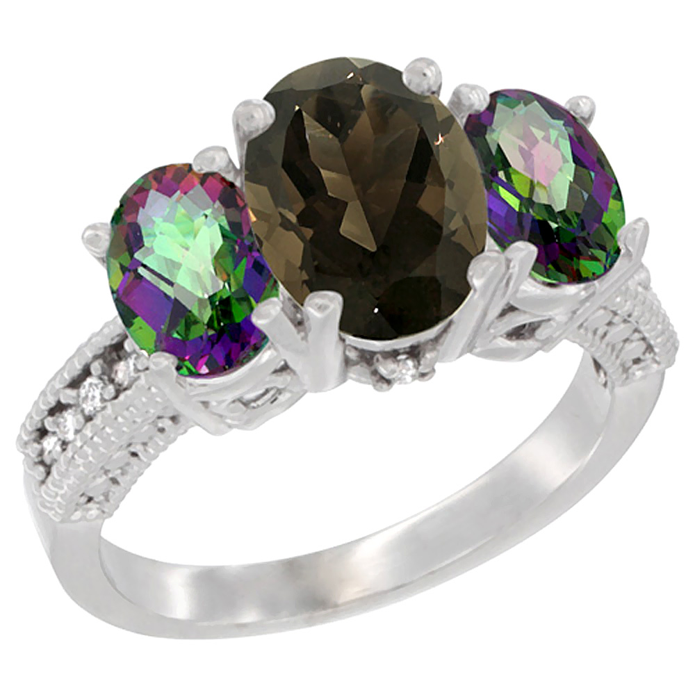 10K White Gold Diamond Natural Smoky Topaz Ring 3-Stone Oval 8x6mm with Mystic Topaz, sizes5-10