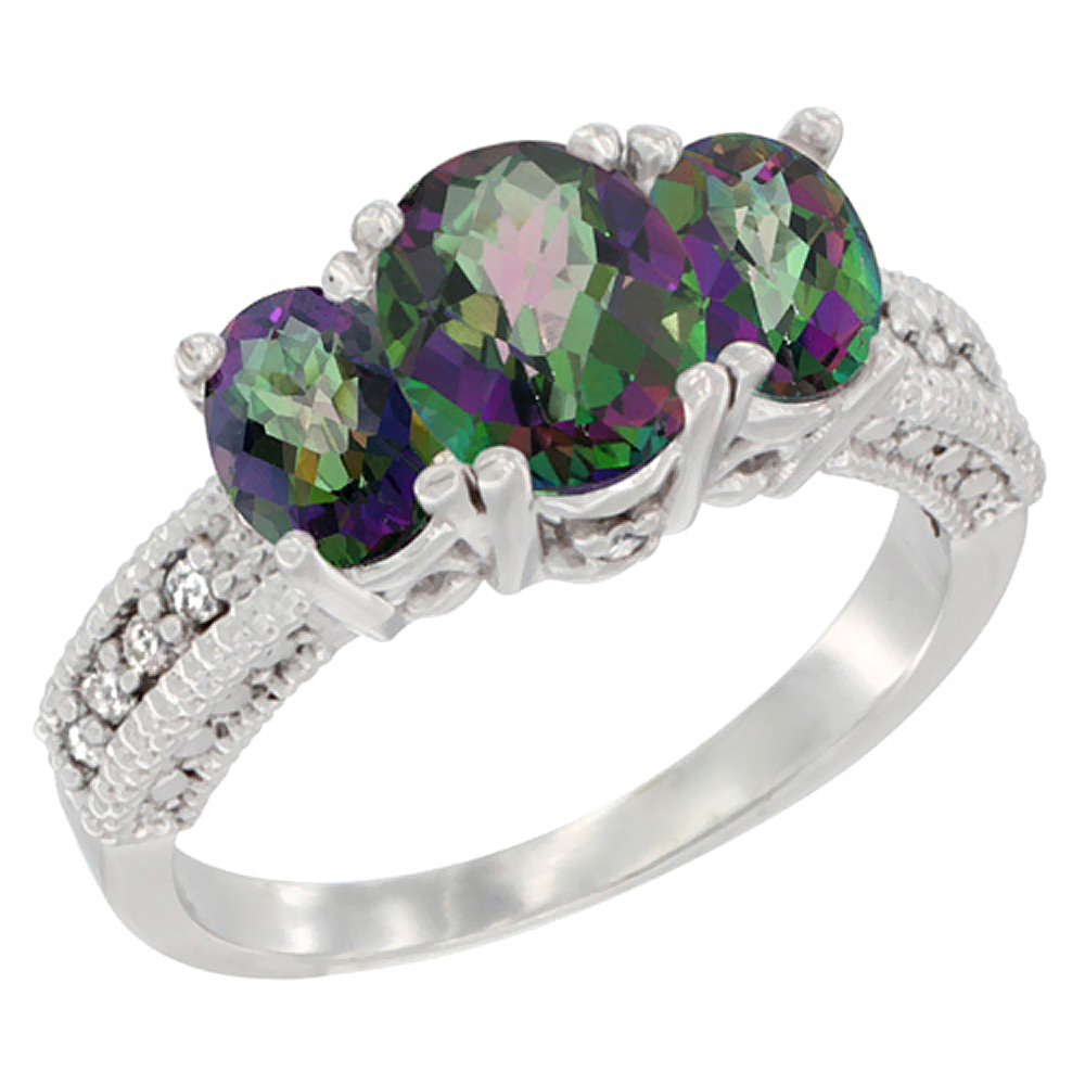 14K White Gold Diamond Natural Mystic Topaz Ring Oval 3-stone, sizes 5 - 10