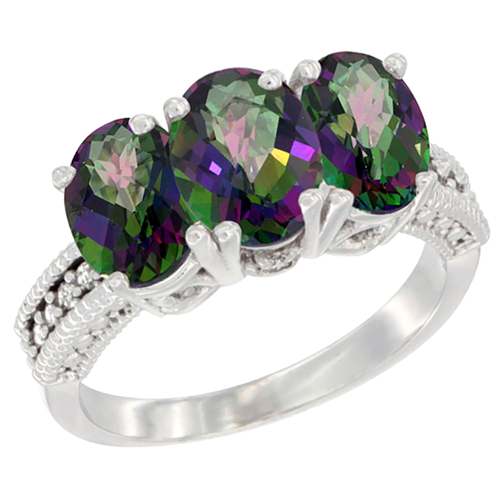 14K White Gold Natural Mystic Topaz Ring 3-Stone 7x5 mm Oval Diamond Accent, sizes 5 - 10