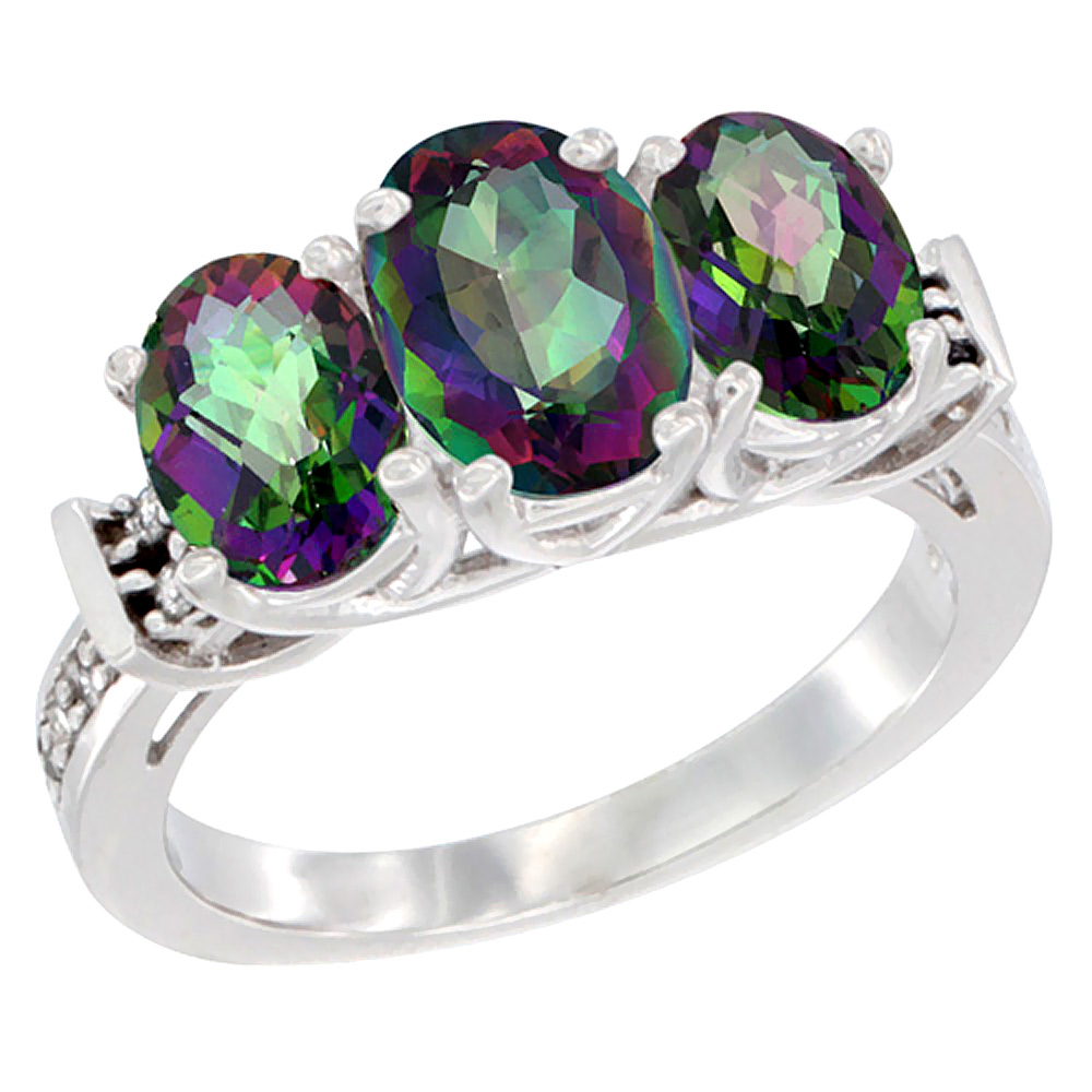 14K White Gold Natural Mystic Topaz Ring 3-Stone Oval Diamond Accent, sizes 5 - 10