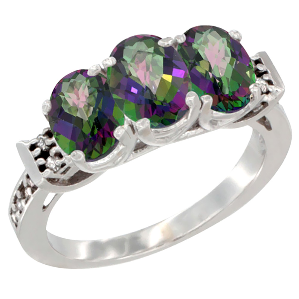 14K White Gold Natural Mystic Topaz Ring 3-Stone Oval 7x5 mm Diamond Accent, sizes 5 - 10