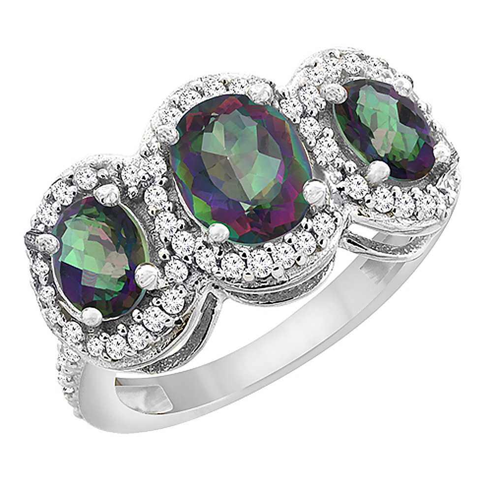 14K White Gold Natural Mystic Topaz 3-Stone Ring Oval Diamond Accent, sizes 5 - 10