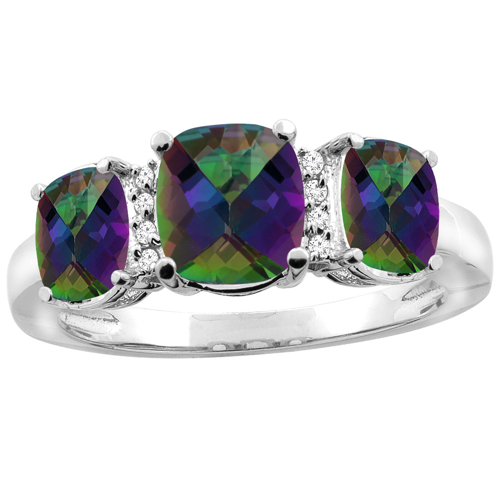 14K White Gold Natural Mystic Topaz 3-stone Ring Cushion 8x6mm Diamond Accent, sizes 5 - 10