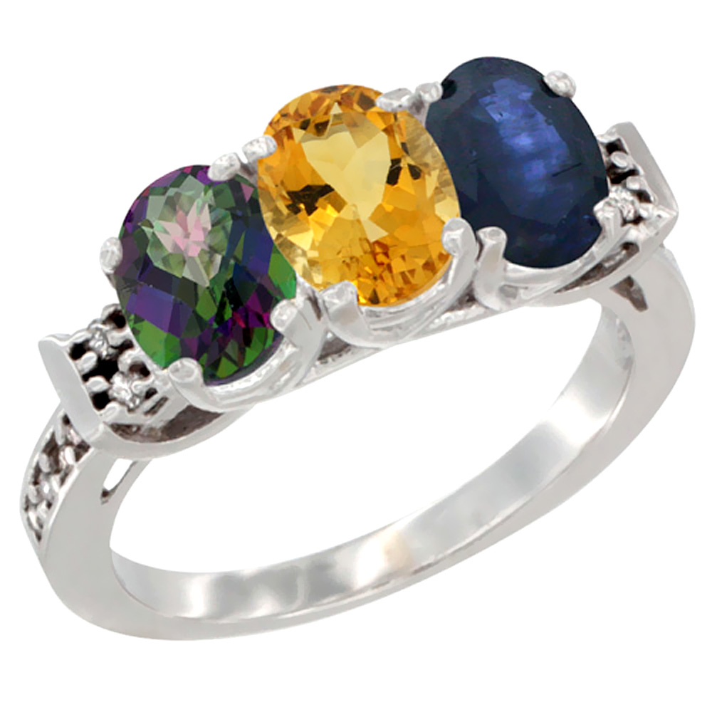14K White Gold Natural Mystic Topaz, Citrine & Blue Sapphire Ring 3-Stone Oval 7x5 mm Diamond Accent, sizes 5 - 10