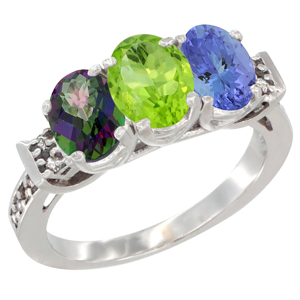 14K White Gold Natural Mystic Topaz, Peridot & Tanzanite Ring 3-Stone Oval 7x5 mm Diamond Accent, sizes 5 - 10