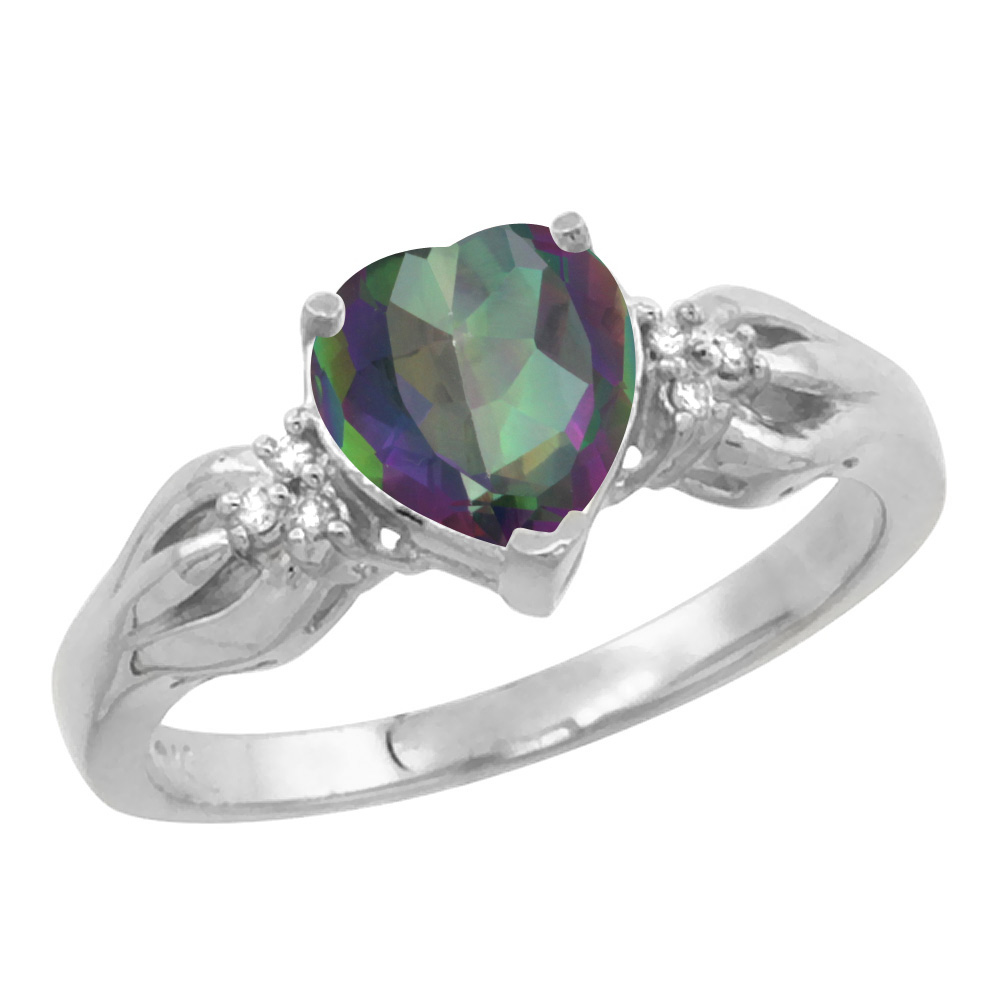 10K White Gold Natural Mystic Topaz Ring Heart-shape 7x7mm Diamond Accent, sizes 5-10