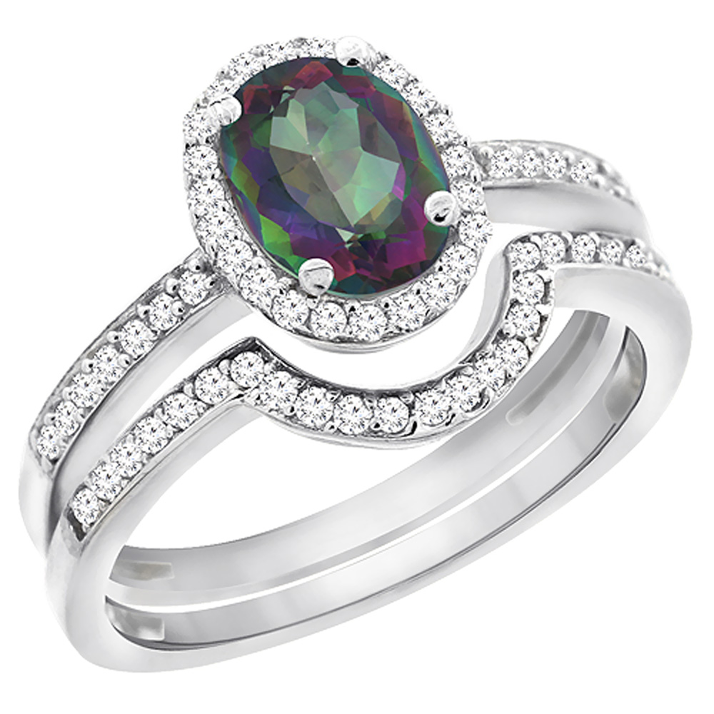 10K White Gold Diamond Natural Mystic Topaz 2-Pc. Engagement Ring Set Oval 8x6 mm, sizes 5 - 10