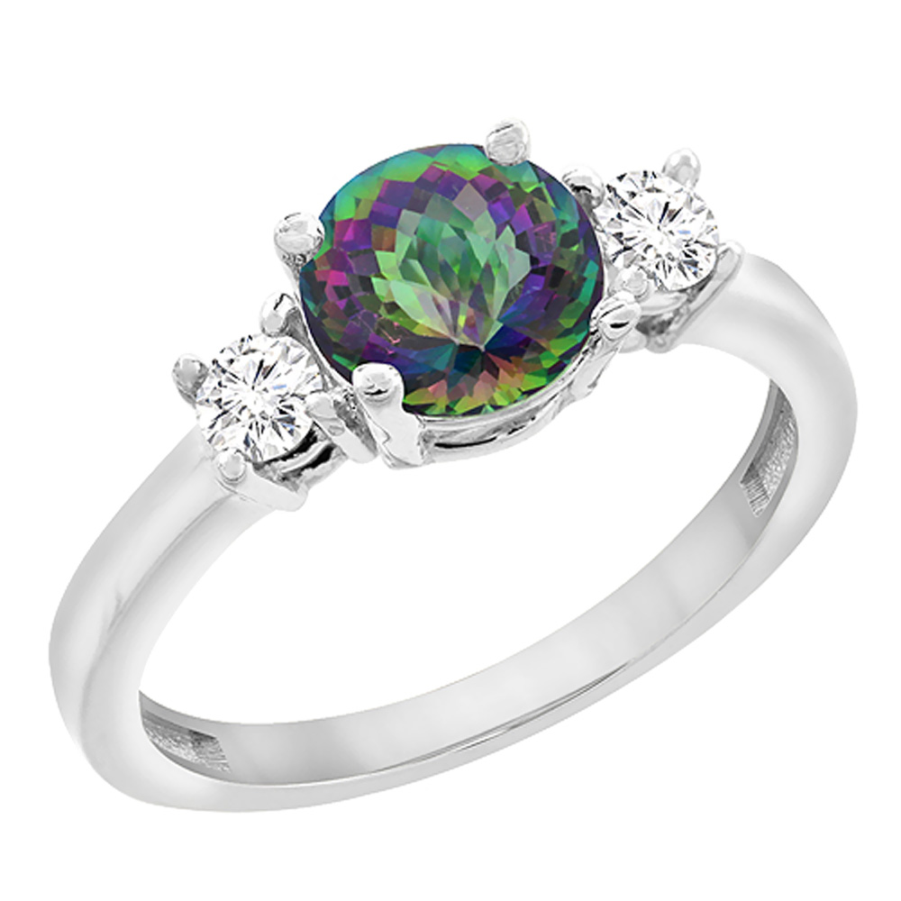 10K White Gold Diamond Natural Mystic Topaz Engagement Ring Round 7mm, sizes 5 to 10 with half sizes