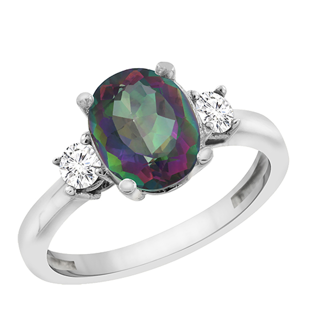 10K White Gold Natural Mystic Topaz Engagement Ring Oval 10x8 mm Diamond Sides, sizes 5 - 10
