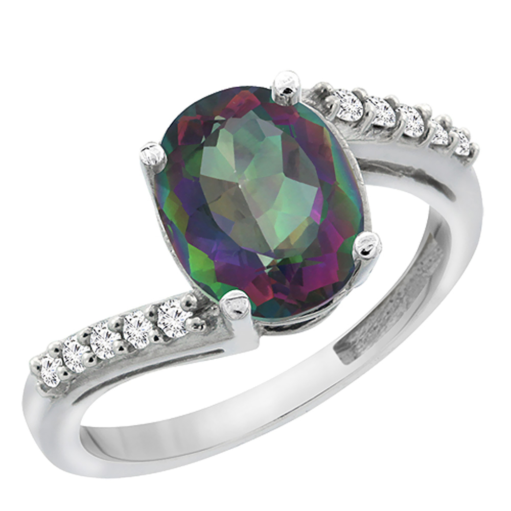 10K White Gold Natural Diamond Mystic Topaz Engagement Ring Oval 10x8mm, sizes 5-10