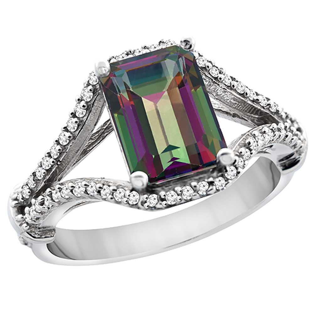 10K White Gold Natural Mystic Topaz Ring Octagon 8x6 mm with Diamond Accents, sizes 5 - 10