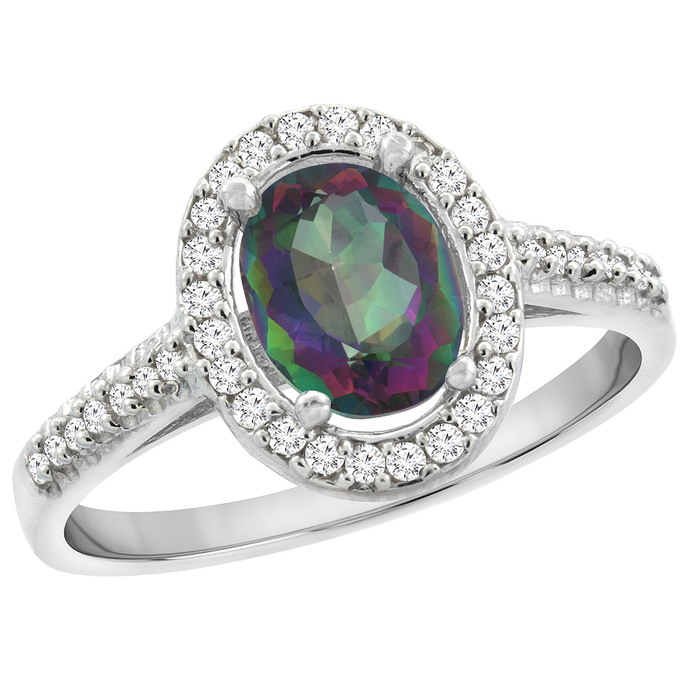 10K White Gold Natural Mystic Topaz Engagement Ring Oval 7x5 mm Diamond Halo, sizes 5 - 10