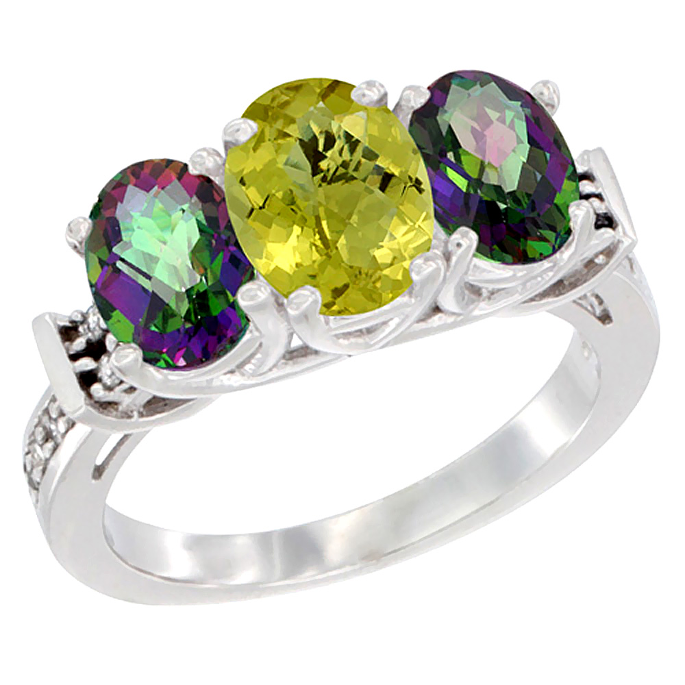 14K White Gold Natural Lemon Quartz & Mystic Topaz Sides Ring 3-Stone Oval Diamond Accent, sizes 5 - 10