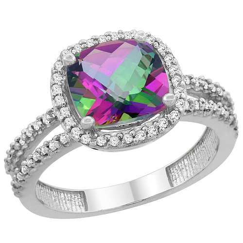 10K White Gold Natural Mystic Topaz Ring Cushion-cut 8x8 mm 2-row Diamond Accents, sizes 5 - 10
