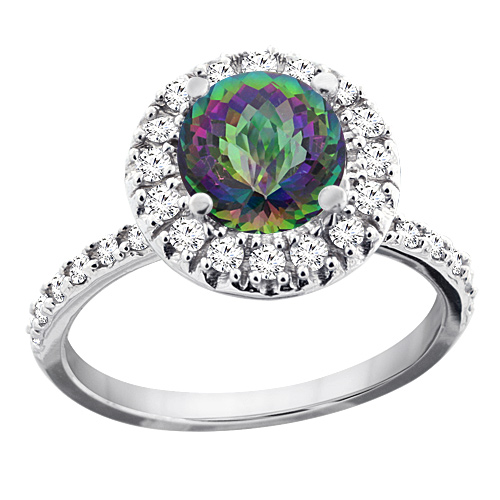 10K White Gold Natural Mystic Topaz Ring Round 8mm Floating Halo Diamond, sizes 5 - 10