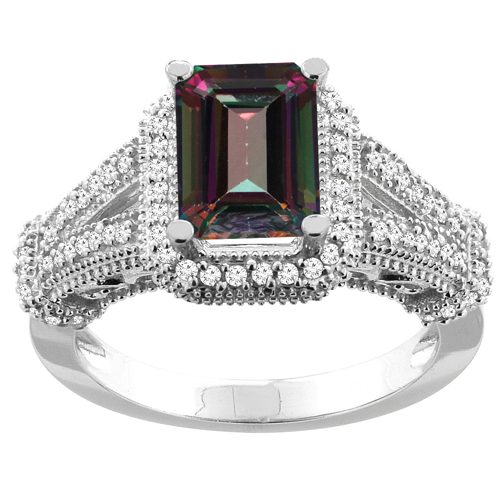 10K White/Yellow/Rose Gold Natural Mystic Topaz Ring Octagon 8x6mm Diamond Accent, sizes 5-10