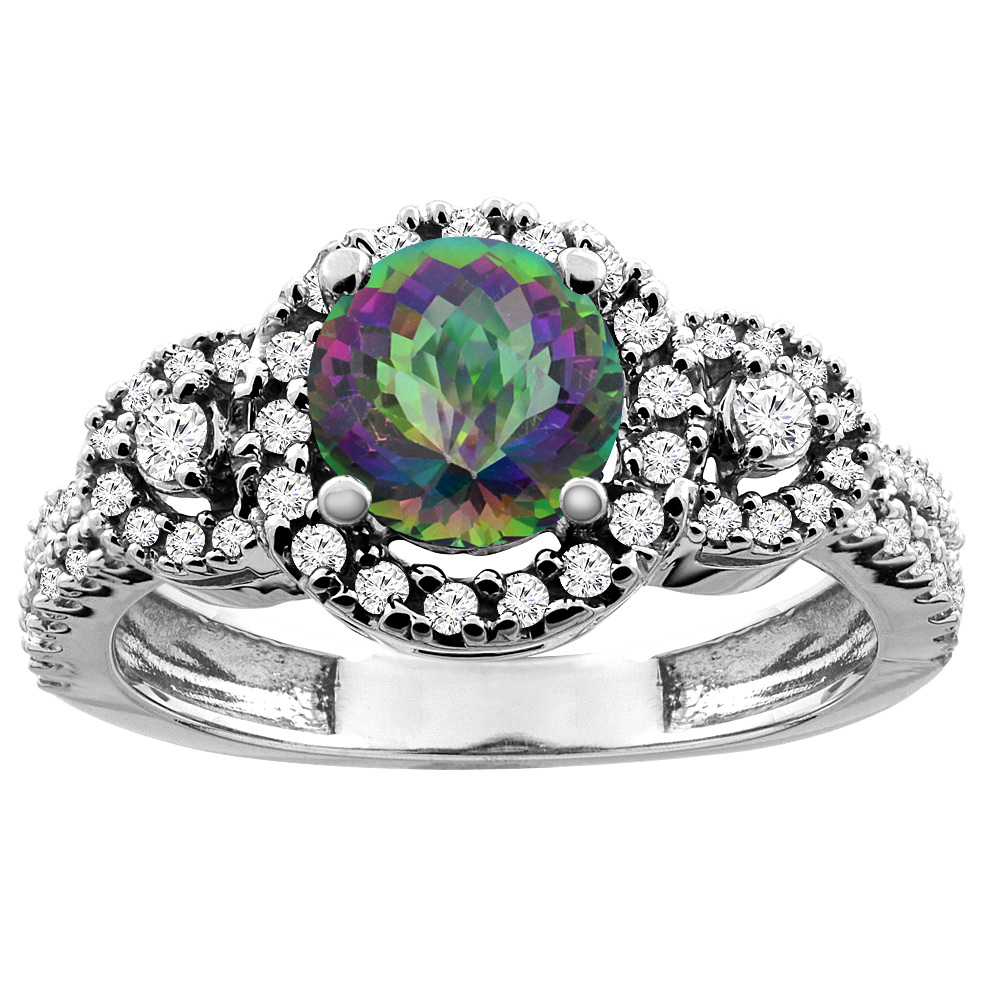 10K White/Yellow Gold Diamond Halo Natural Mystic Topaz Ring Round 6mm, sizes 5 - 10