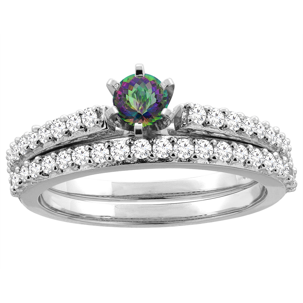 10K White Gold Natural Mystic Topaz 2-piece Bridal Ring Set Round 4mm, sizes 5 - 10