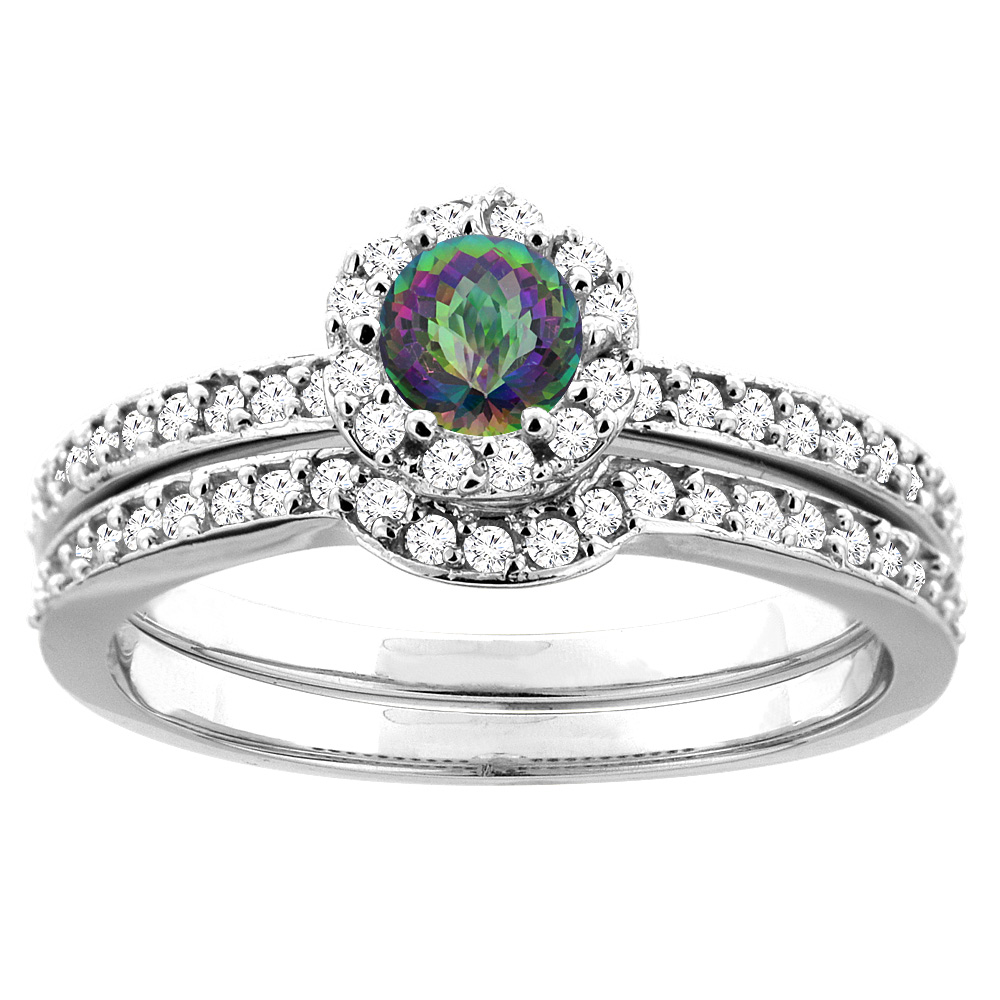 10K White Gold Natural Mystic Topaz 2-pc Bridal Ring Set Diamond Accent Round 4mm, sizes 5 - 10