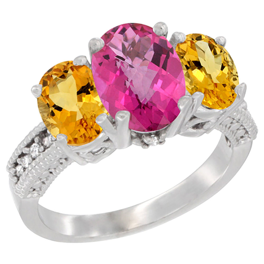 14K White Gold Diamond Natural Pink Topaz Ring 3-Stone Oval 8x6mm with Citrine, sizes5-10