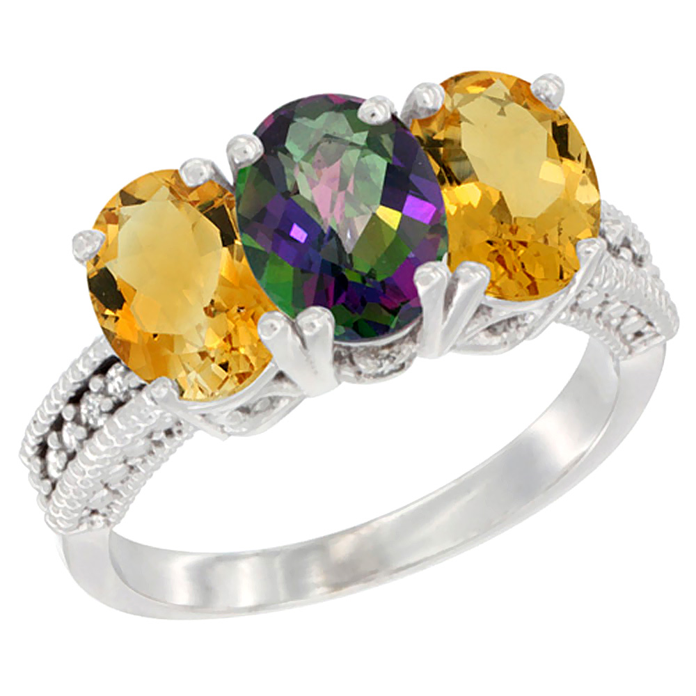 14K White Gold Natural Mystic Topaz & Citrine Sides Ring 3-Stone 7x5 mm Oval Diamond Accent, sizes 5 - 10
