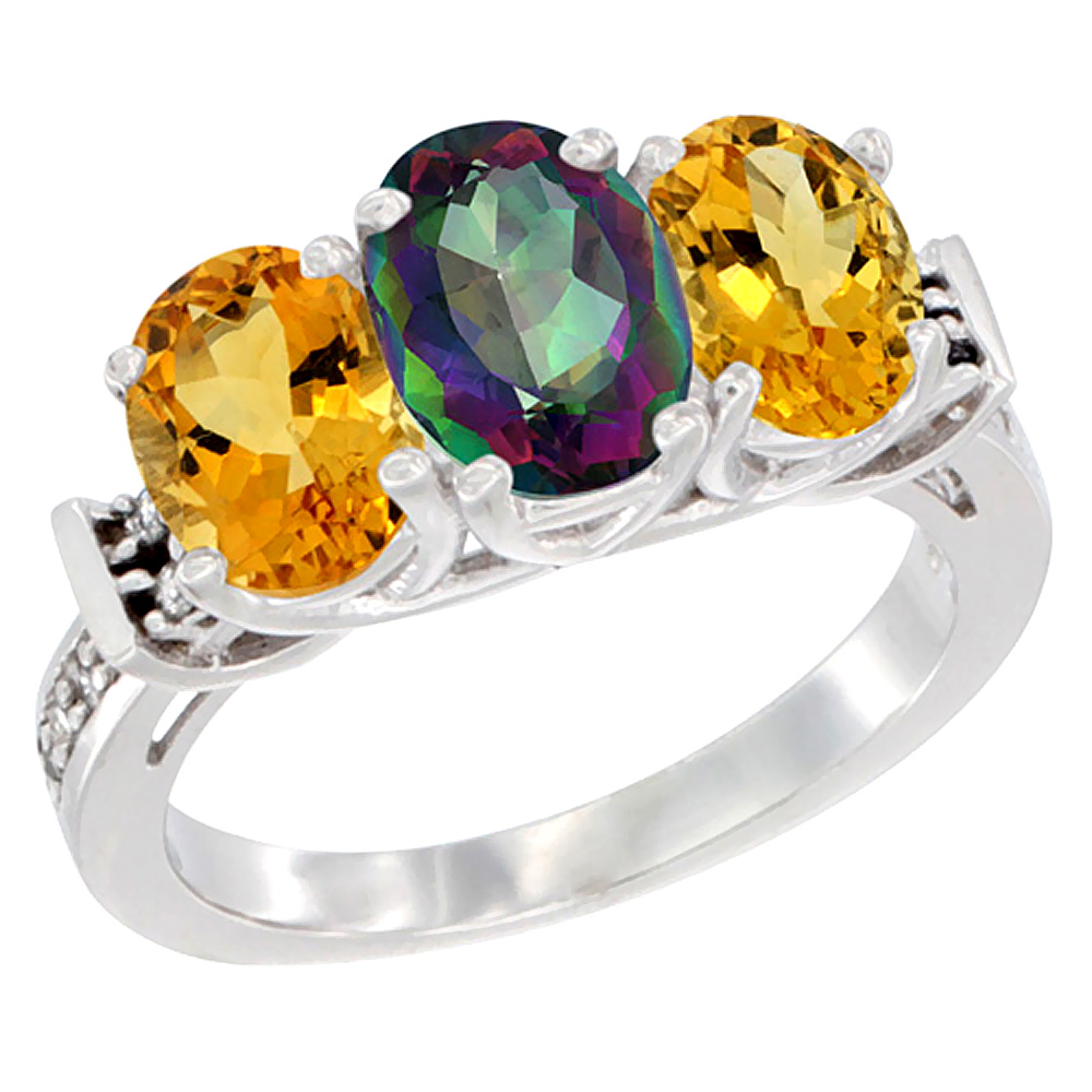 14K White Gold Natural Mystic Topaz & Citrine Sides Ring 3-Stone Oval Diamond Accent, sizes 5 - 10