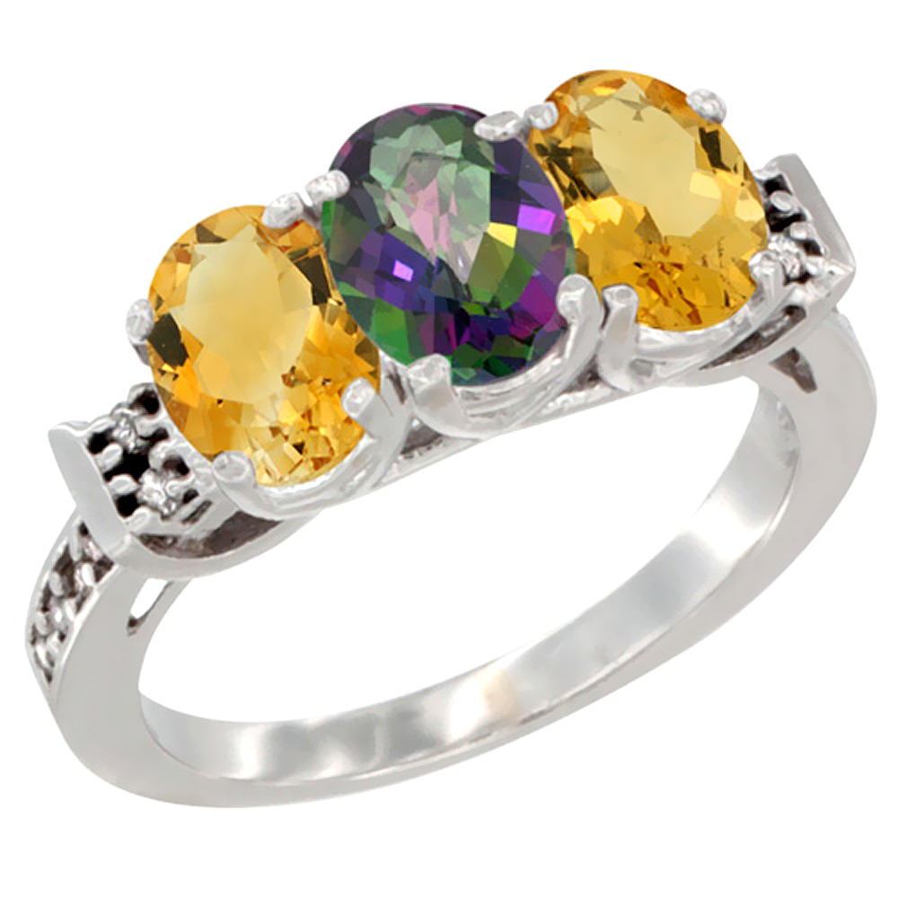 14K White Gold Natural Mystic Topaz & Citrine Sides Ring 3-Stone 7x5 mm Oval Diamond Accent, sizes 5 - 10