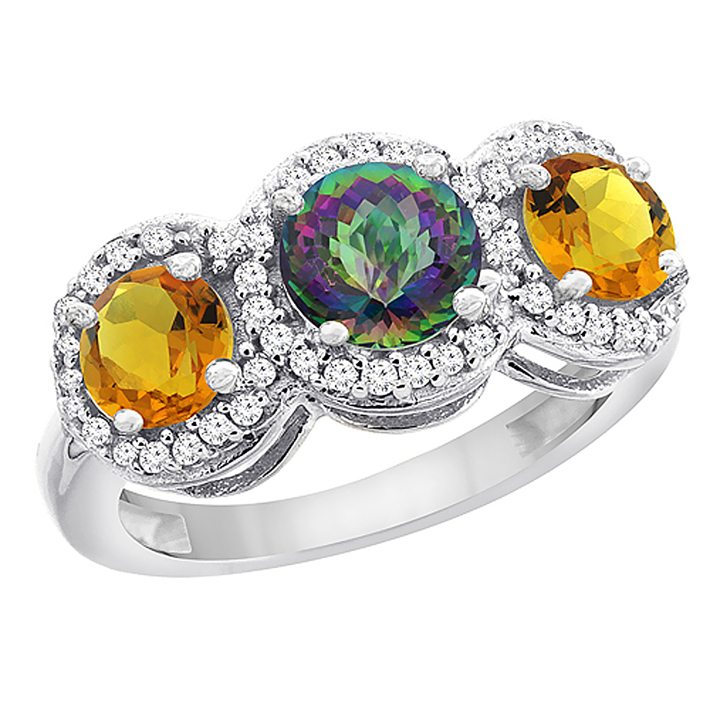 14K White Gold Natural Mystic Topaz & Citrine Sides Round 3-stone Ring Diamond Accents, sizes 5 - 10