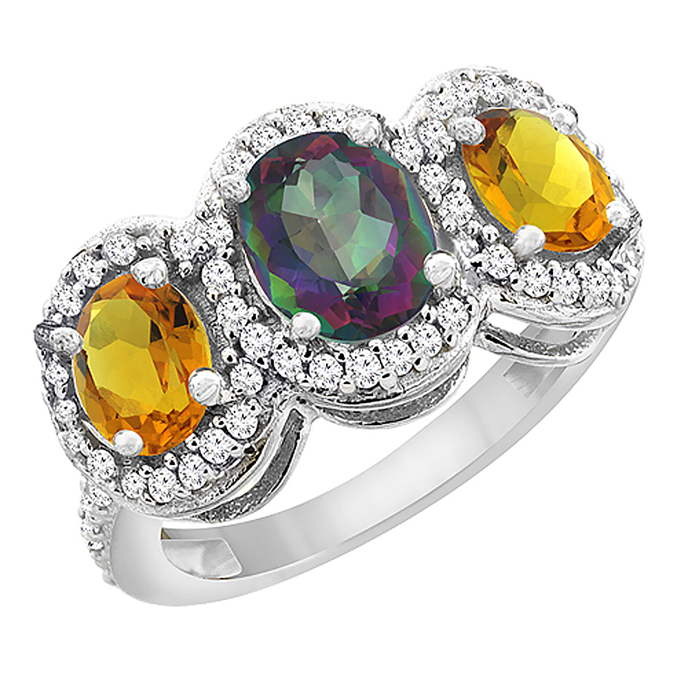 14K White Gold Natural Mystic Topaz & Citrine 3-Stone Ring Oval Diamond Accent, sizes 5 - 10