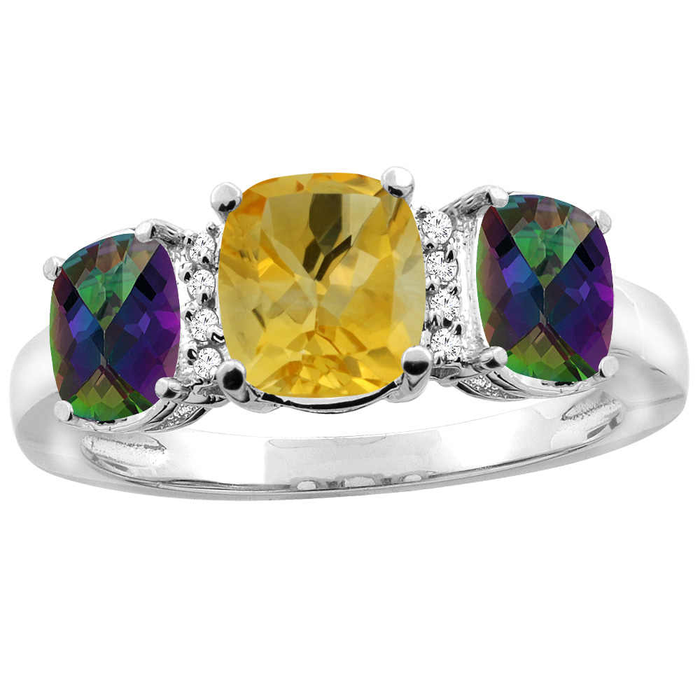 14K White Gold Natural Citrine & Mystic Topaz 3-stone Ring Cushion 8x6mm Diamond Accent, sizes 5 - 10