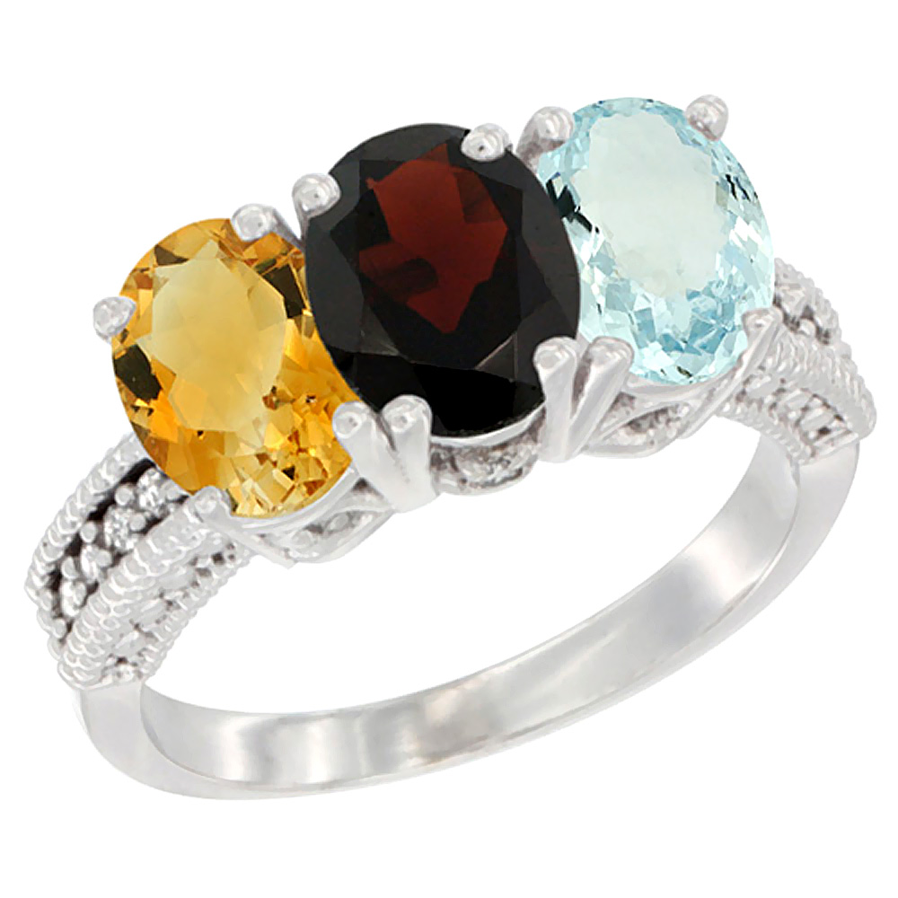 10K White Gold Natural Citrine, Garnet & Aquamarine Ring 3-Stone Oval 7x5 mm Diamond Accent, sizes 5 - 10