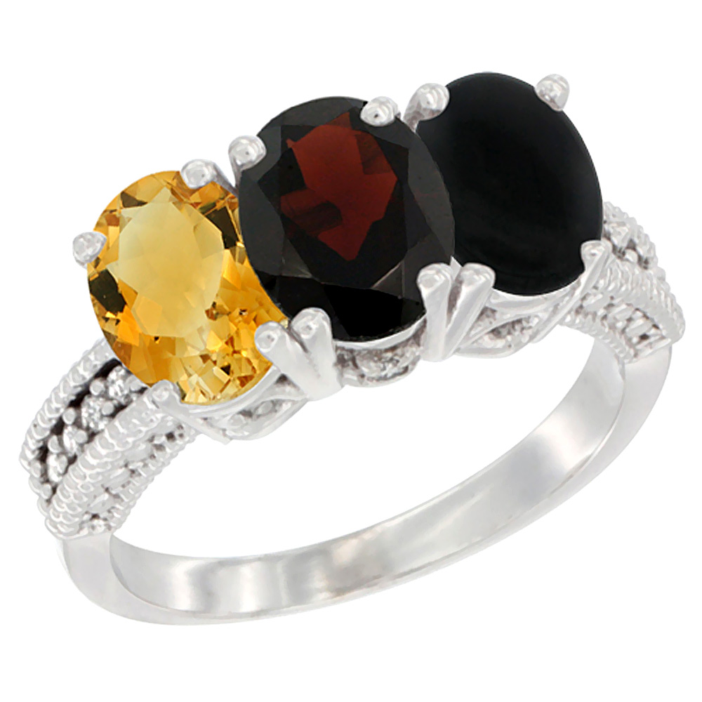 10K White Gold Natural Citrine, Garnet & Black Onyx Ring 3-Stone Oval 7x5 mm Diamond Accent, sizes 5 - 10