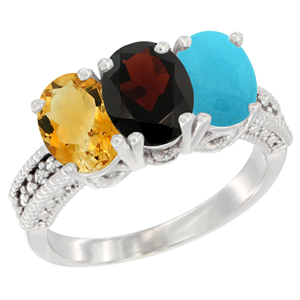 10K White Gold Natural Citrine, Garnet & Turquoise Ring 3-Stone Oval 7x5 mm Diamond Accent, sizes 5 - 10