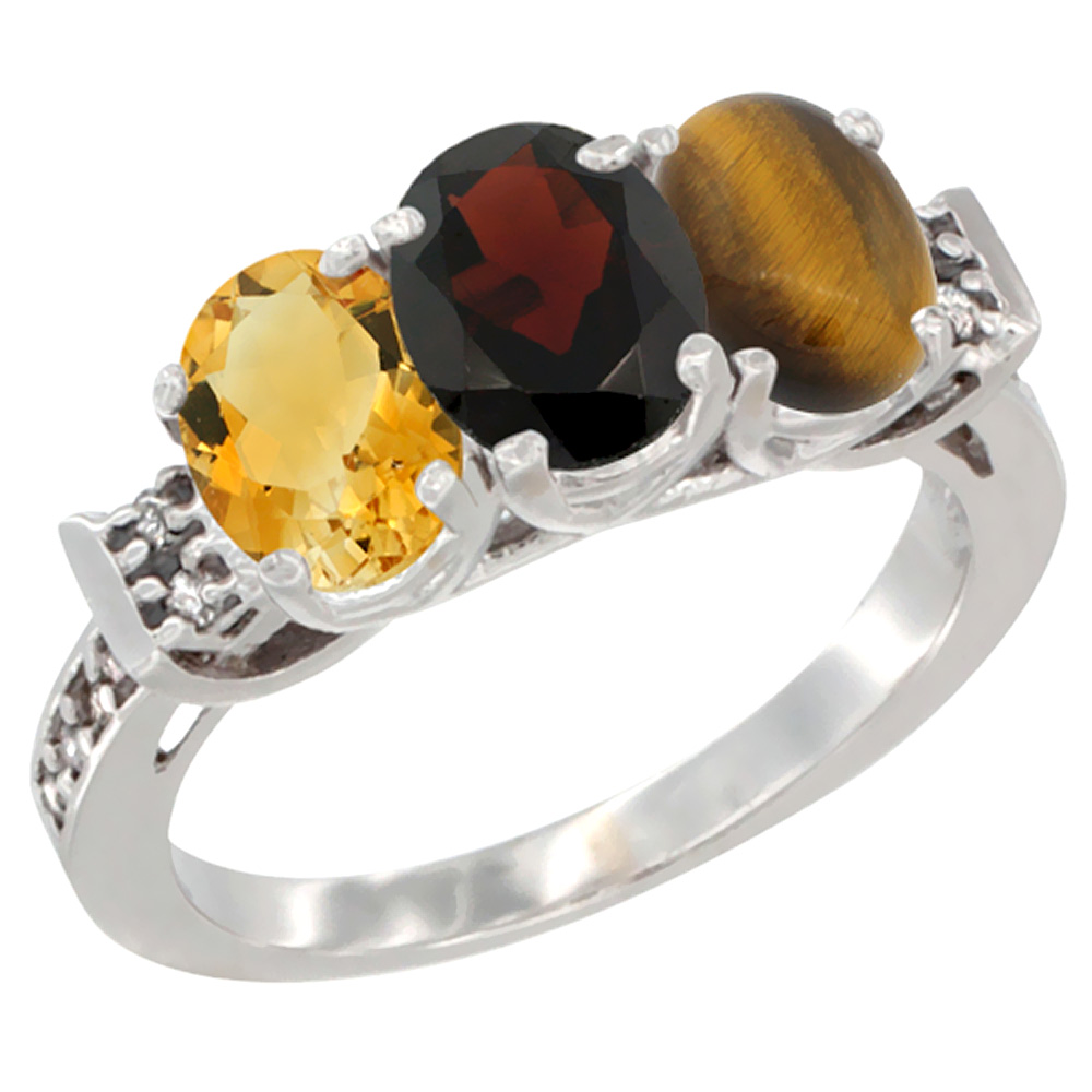 10K White Gold Natural Citrine, Garnet & Tiger Eye Ring 3-Stone Oval 7x5 mm Diamond Accent, sizes 5 - 10