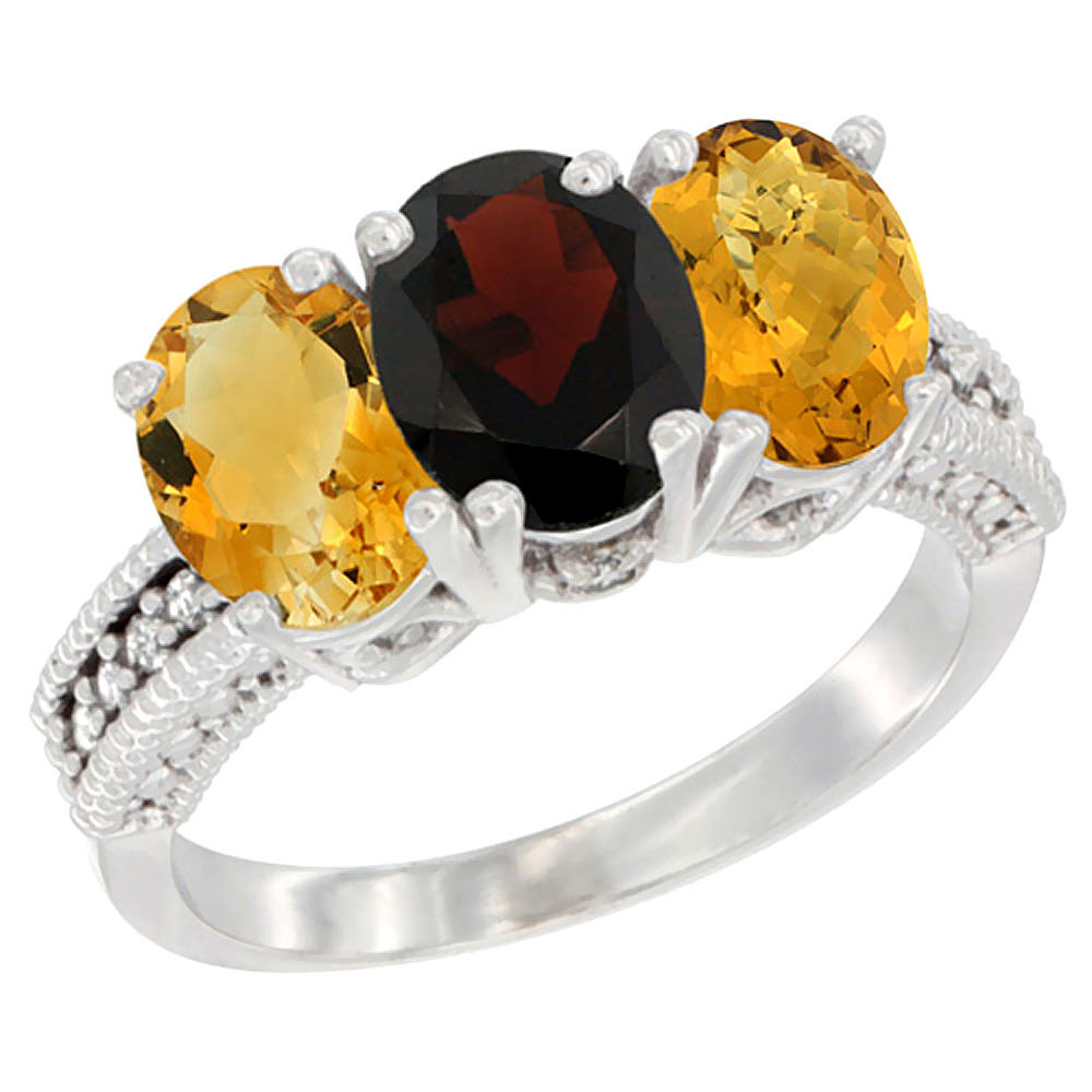 10K White Gold Natural Citrine, Garnet & Whisky Quartz Ring 3-Stone Oval 7x5 mm Diamond Accent, sizes 5 - 10