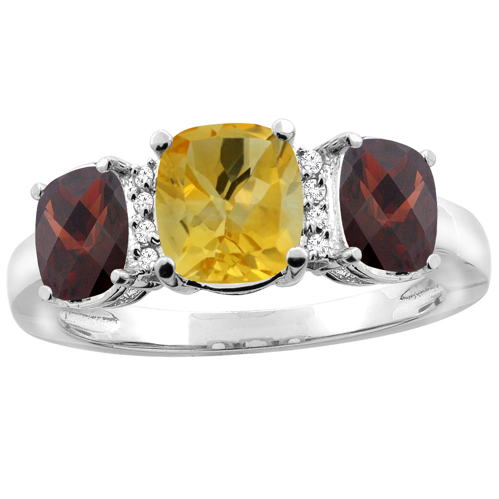 10K White Gold Natural Citrine & Garnet 3-stone Ring Cushion 8x6mm Diamond Accent, sizes 5 - 10