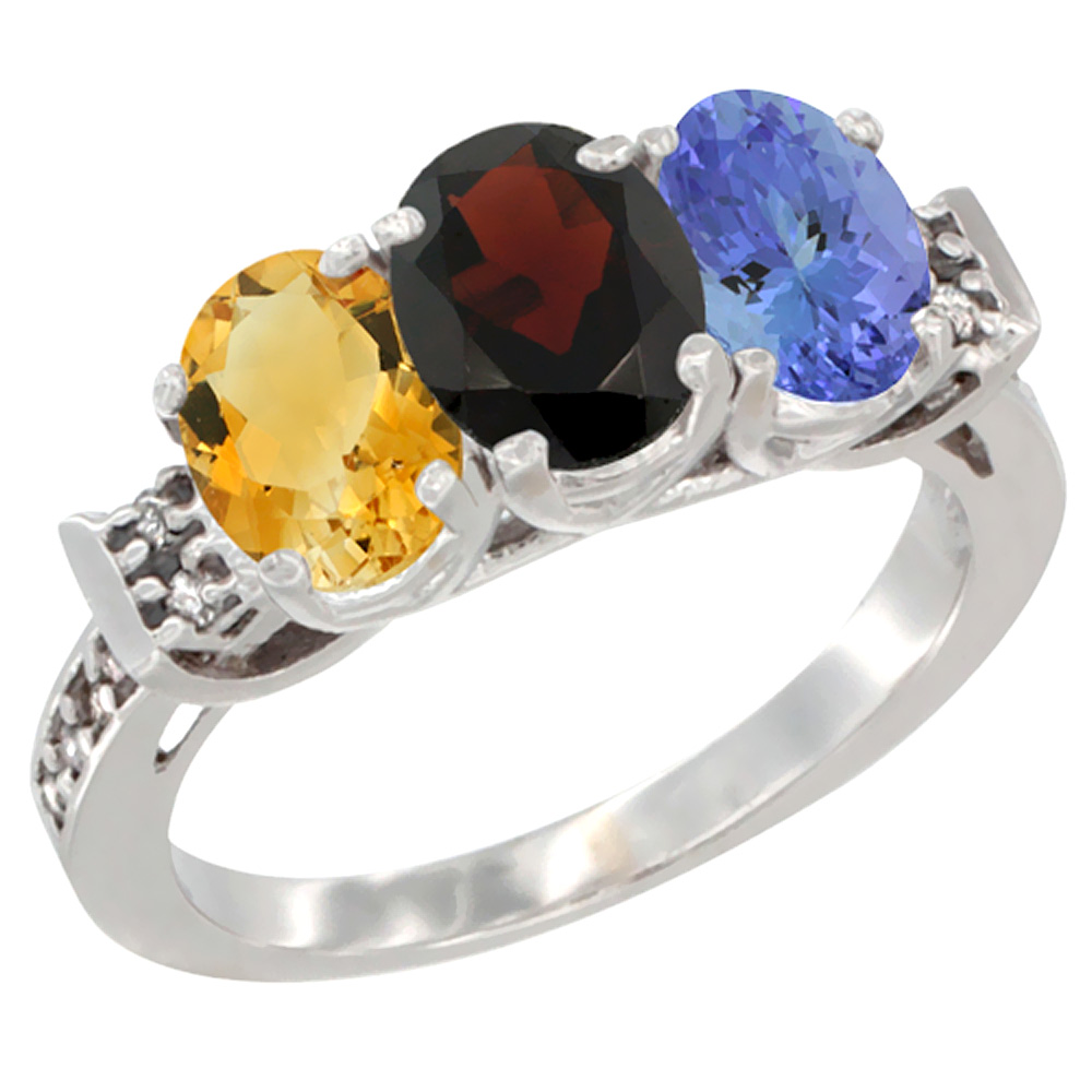 10K White Gold Natural Citrine, Garnet & Tanzanite Ring 3-Stone Oval 7x5 mm Diamond Accent, sizes 5 - 10