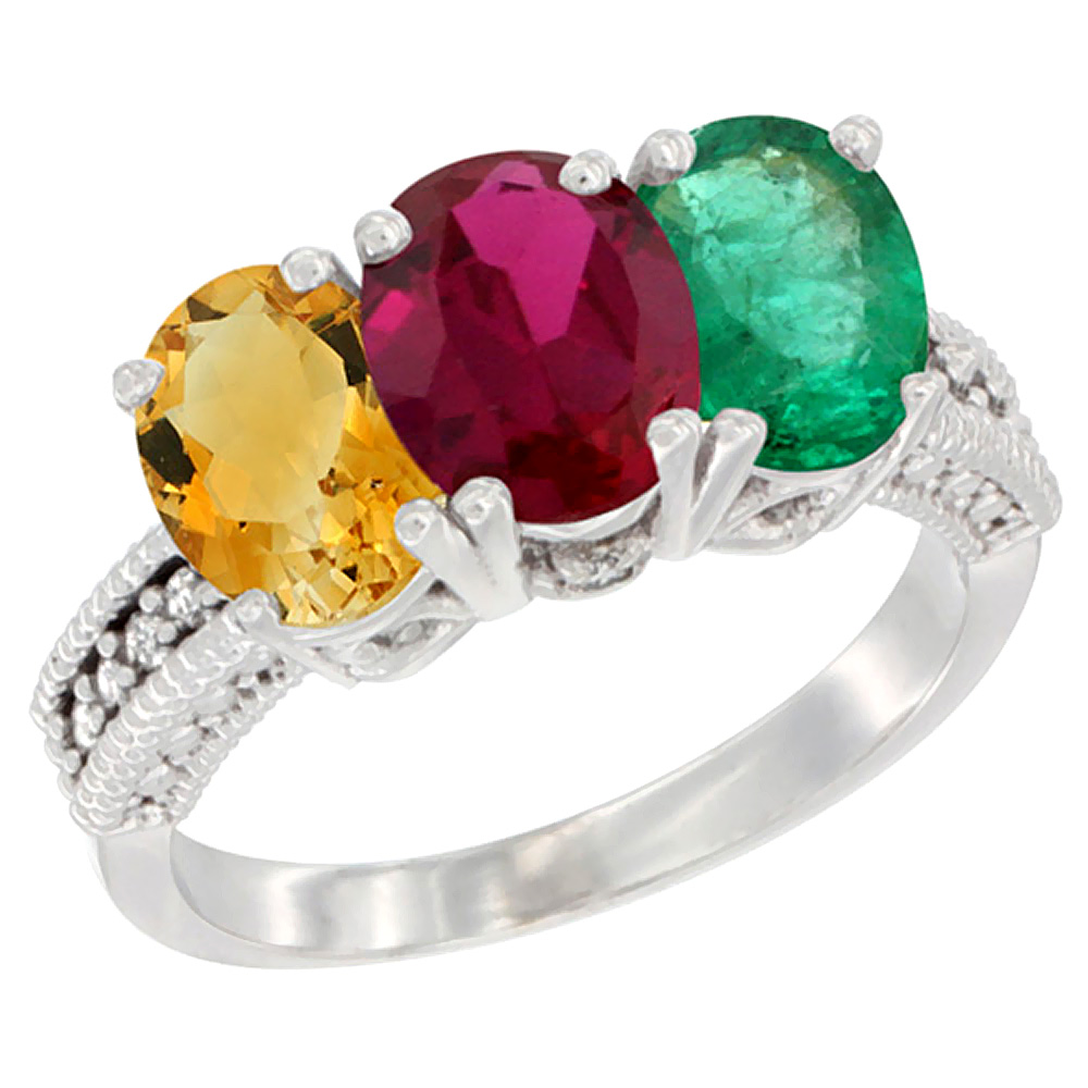 10K White Gold Natural Citrine, Enhanced Ruby & Natural Emerald Ring 3-Stone Oval 7x5 mm Diamond Accent, sizes 5 - 10