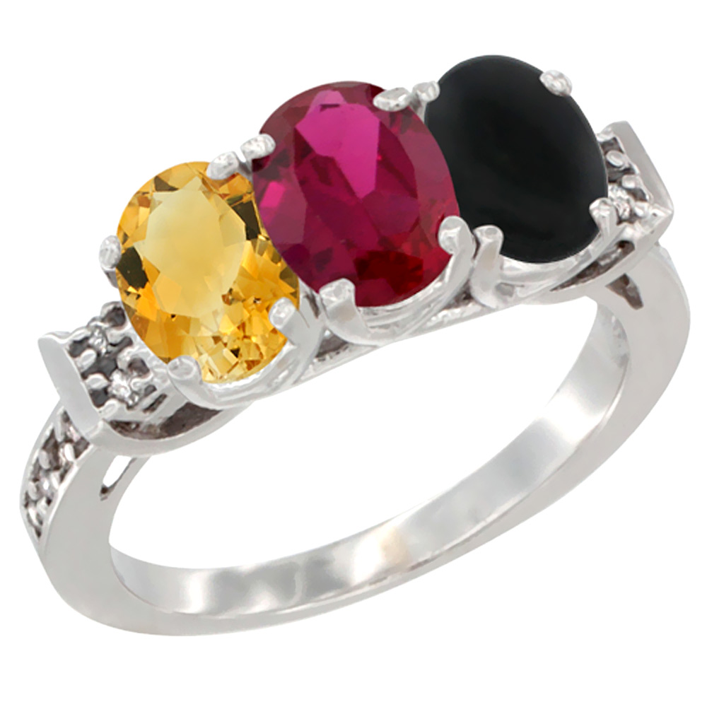 10K White Gold Natural Citrine, Enhanced Ruby & Natural Black Onyx Ring 3-Stone Oval 7x5 mm Diamond Accent, sizes 5 - 10