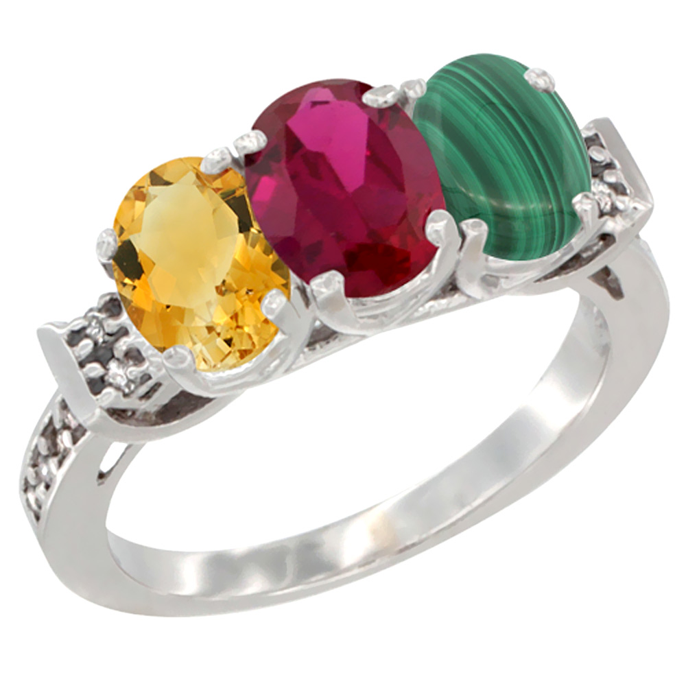 10K White Gold Natural Citrine, Enhanced Ruby & Natural Malachite Ring 3-Stone Oval 7x5 mm Diamond Accent, sizes 5 - 10